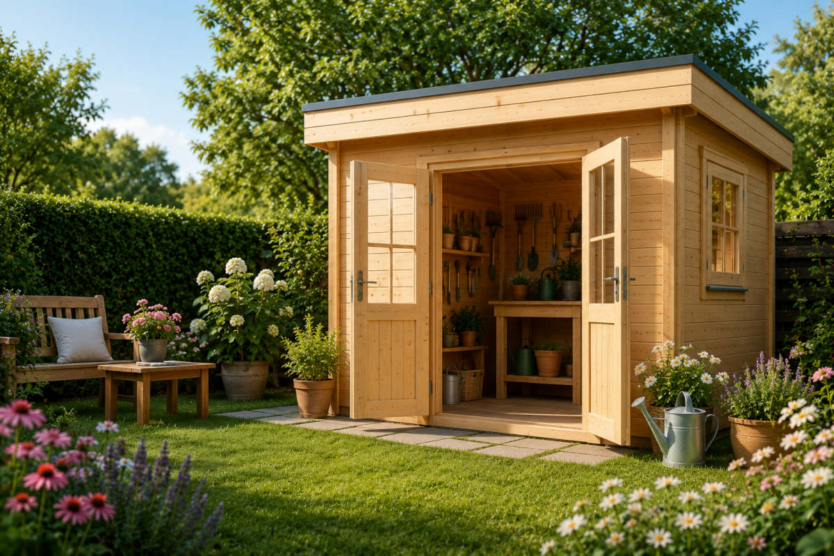Modernes Gartenhaus aus Holz in einem gepflegten Garten